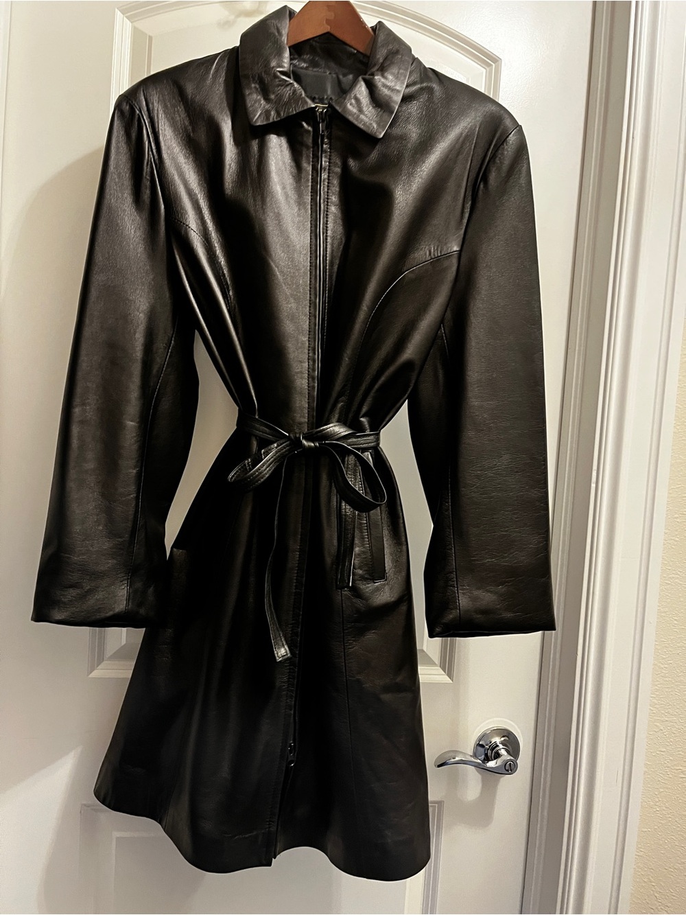 Italian Dark Brown Leather Belted Trench Coat with Removal Hood - (Women’s)